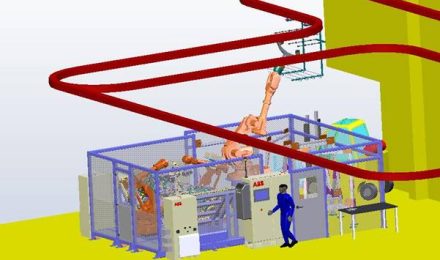 Simulationsmodell eines Roboterarbeitsplatzes mit ABB-Robotern und Bediener, ein Planungswerkzeug von GM-Projekt.