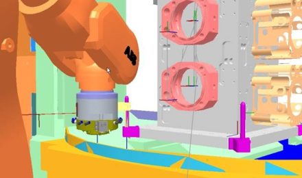 Farbenfrohe Visualisierung eines Roboters bei der Arbeit, dargestellt in der 3D-Software von GM-Projekt.