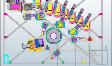 Bunter Maschinen-Layout-Plan in einer CAD-Zeichnung, zeigt die komplexen Automatisierungssysteme von GM-Projekt.