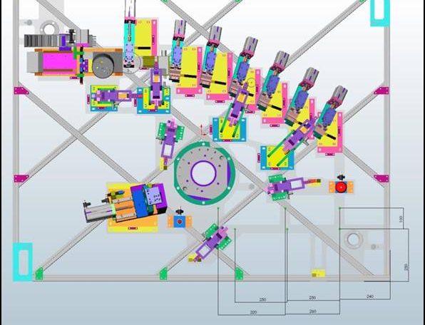 Bunter Maschinen-Layout-Plan in einer CAD-Zeichnung, zeigt die komplexen Automatisierungssysteme von GM-Projekt.