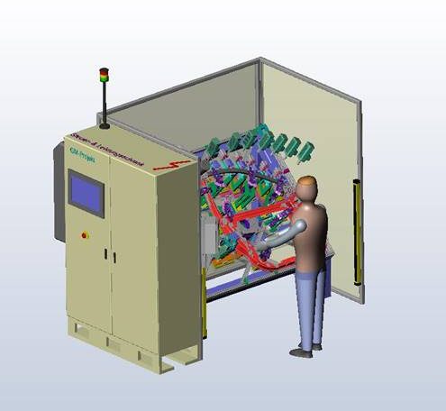 3D-CAD-Simulation einer Arbeitszelle mit interaktiver Mensch-Maschine-Konfiguration bei GM-Projekt.