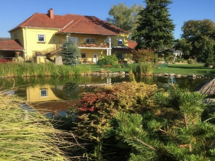 Haus mit gelber Fassade und davor ein idyllischer Teich.